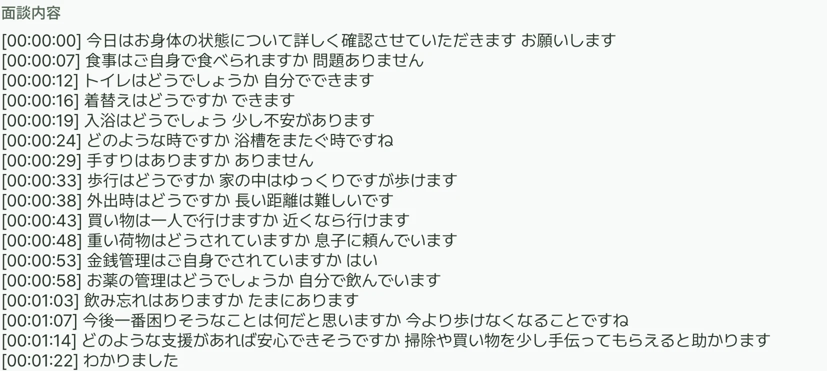 ケアメモ「今日の面談記録」画面